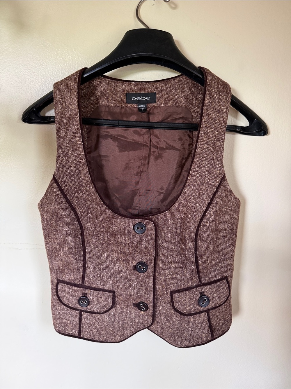 bebe Brown Tweed Button Vest with Contrast Trim